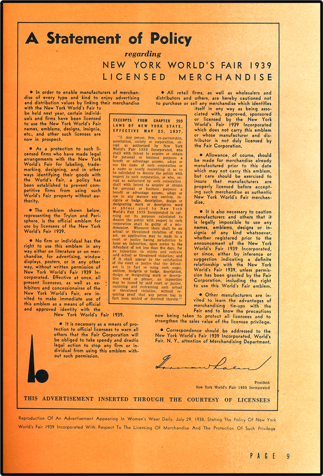 1939 World's Fair Licensed Merchandise