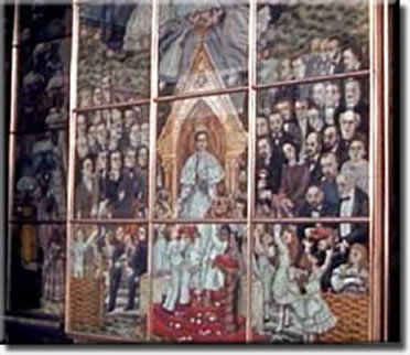 Stained glass display inside the Netherlands building