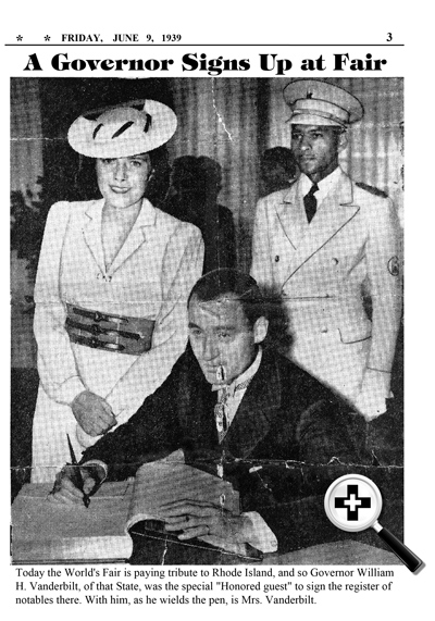 Rhode Island Governor William H. Vanderbilt signs the register at the Rhode Island Pavilion.