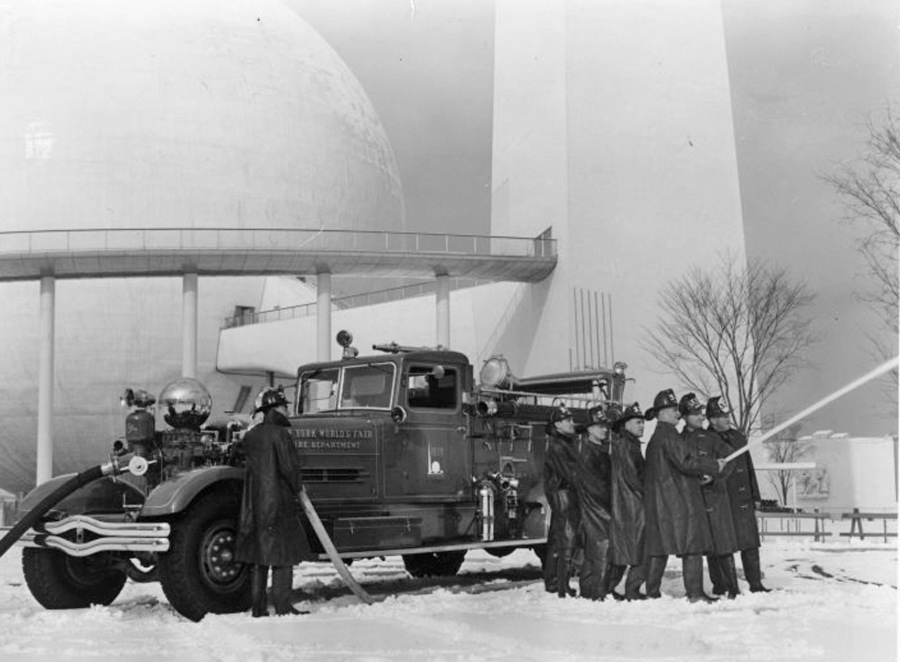 Fire Truck in Front of the Trylon and Perisphere